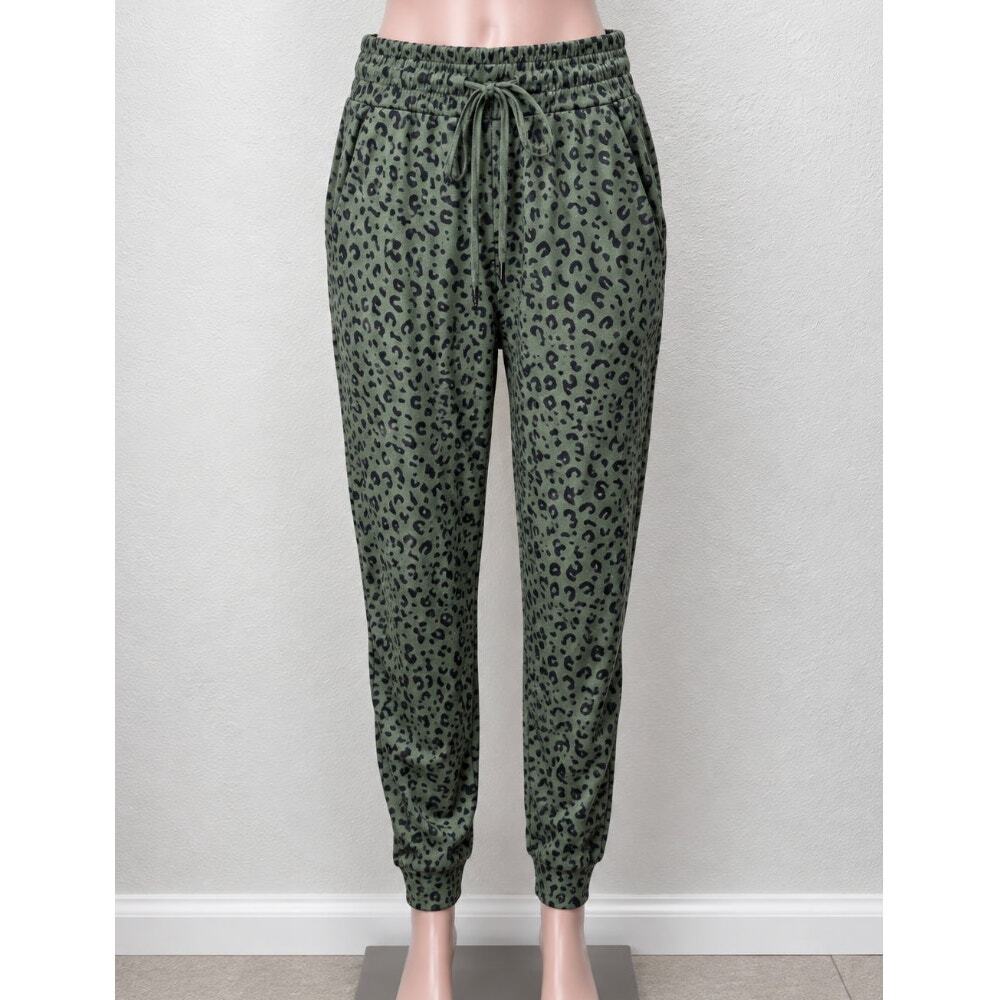 Green and Black Leopard Print Relaxed Fit Draw String Joggers Sweat Pants Medium